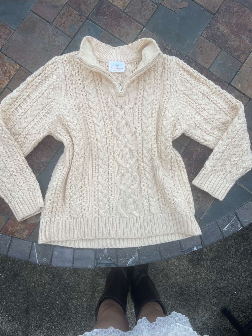 Hanna Andersson Cream Cable-Knit Quarter-Zip Turtleneck Sweater